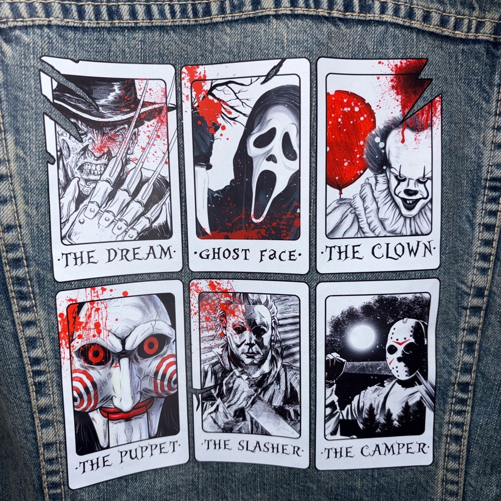 Horror movie villains upcycled jean jacket 👻